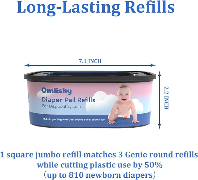 6 Pack Jumbo Square Bags Refill Compatible with Diaper Genie Compact, Select Pails (Not Fit CLASSIC), Disposal Bag Refills with Continuous Film, Hold Up to 810 Newborn-Sized Diapers