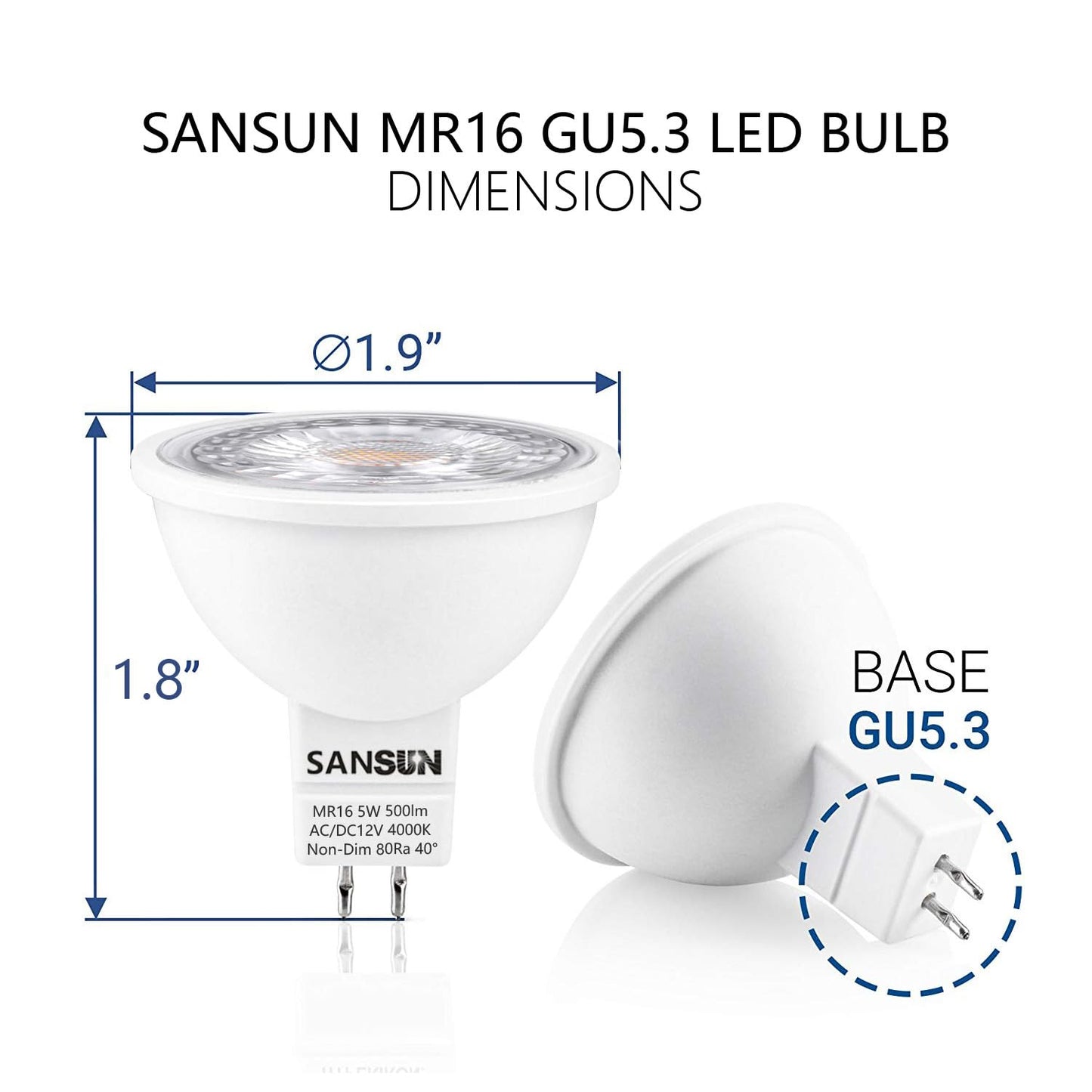 SANSUN 5W MR16 LED Landscape Light Bulbs, GU5.3 Base, Daylight White 4000K, 10 Count, Non-Dimmable, Polycarbonate Material