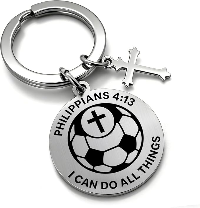 OFlyDesigns Christian Football Sports Keychain, Philippians 4:13 Engraved Inspirational Gift for Men Women Teens