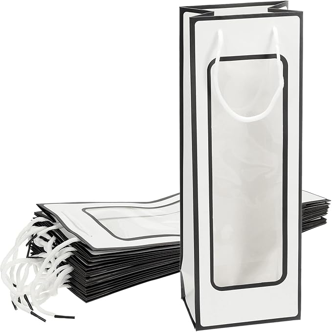 uxcell Wine Bags, 20pcs 4.92"x3.35"x14.2" Wine Gift Bags with Rope Handles, Paper Wine Tote Bag with Clear Window for Wedding Birthday Christmas, White Black