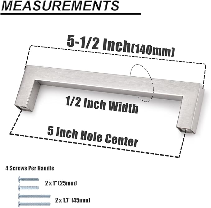 Probrico Stainless Steel Modern Kitchen Cupboard Handles 5 Inch Holes Centers Cabinet Drawer Pulls Brushed Nickel 5.5 Inch Total Length 10 Pack