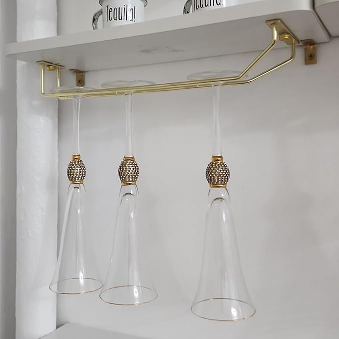 14-Inch Gold Wine Glass Rack, Under Cabinet Wine Glass Holder Stainless Steel Stemware Rack - Hanging Stemware Holder for Cabinet Kitchen Bar, Set of 2