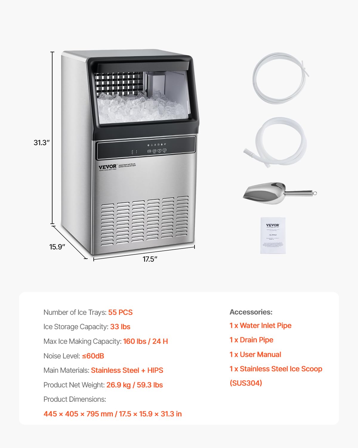 VEVOR Freestanding Ice Maker Machine for Bar Office Restaurant (160lbs/24H)