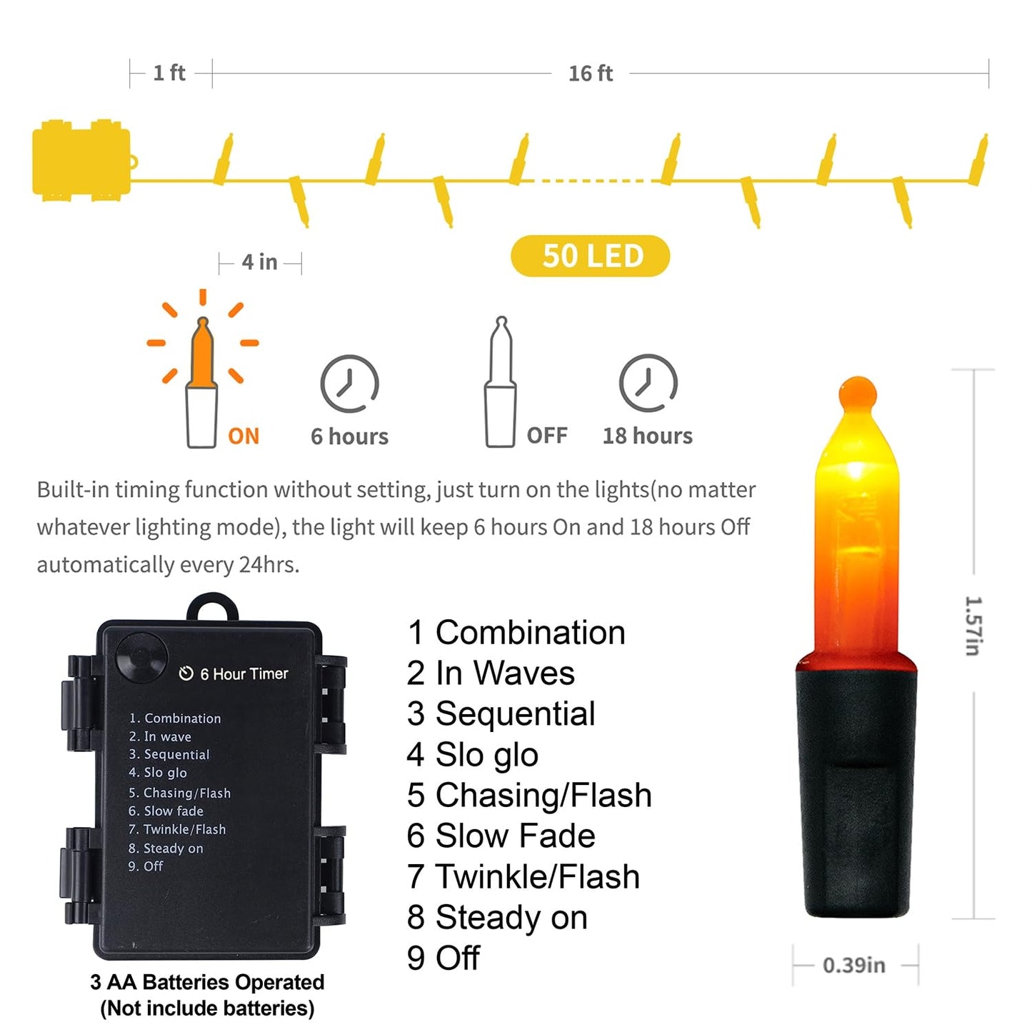 Waterglide 50 Led Halloween String Lights, 16 Ft Waterproof Mini Lights, Orange & Purple, 8 Modes, Battery Operated For Indoor/Outdoor Use