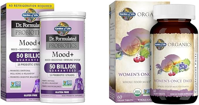 Garden of Life Dr. Formulated Probiotics Mood+ for Emotional Well-Being with Ashwagandha & Organics Multivitamin for Women - 60 Veggie Caps & 60 Tablets