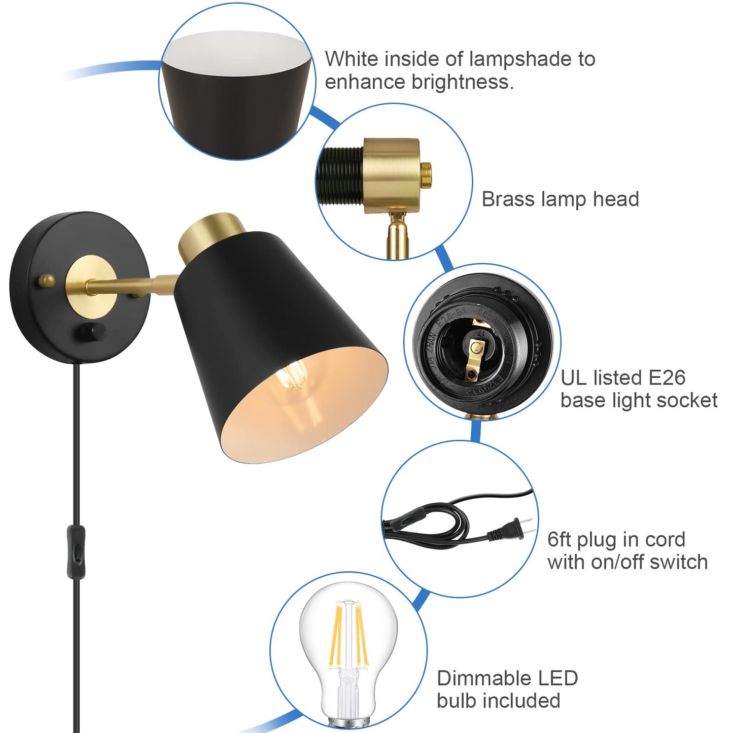 VATONI Plug in Wall Sconce, Dimmable Adjustable Light, 1 Pack, Black, Brass, Stlamp-Blk-1P, One Bulb Included