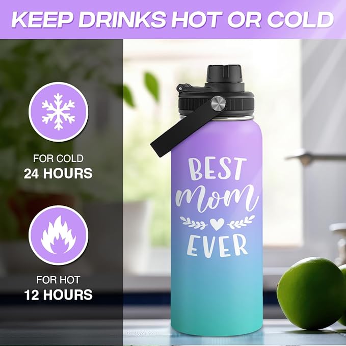 SANDJEST Best Mom Ever Water Bottle 32oz Stainless Steel Insulated Water Bottles - Gifts for Moms from Son Daughter - Mothers Gifts for Birthday Christmas
