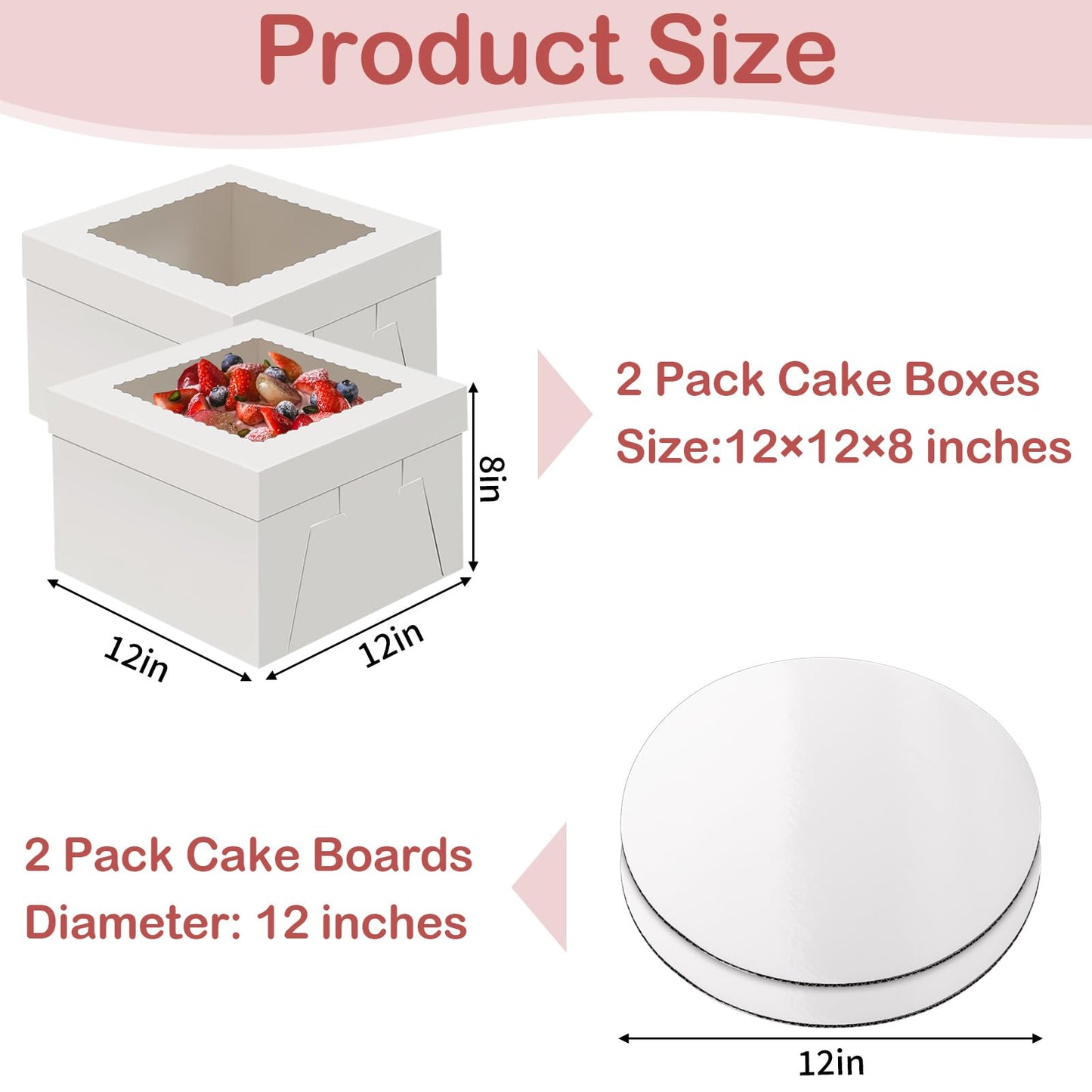 2 Pack Cake Boxes with Cake Boards, 12 Inch Tall Cake Box, Disposable Cake Transport Container, White Cake Carrier Holder for Baked Goods Cookies Dessert Pastry Cupcakes Bakery (12×12×8 Inches)
