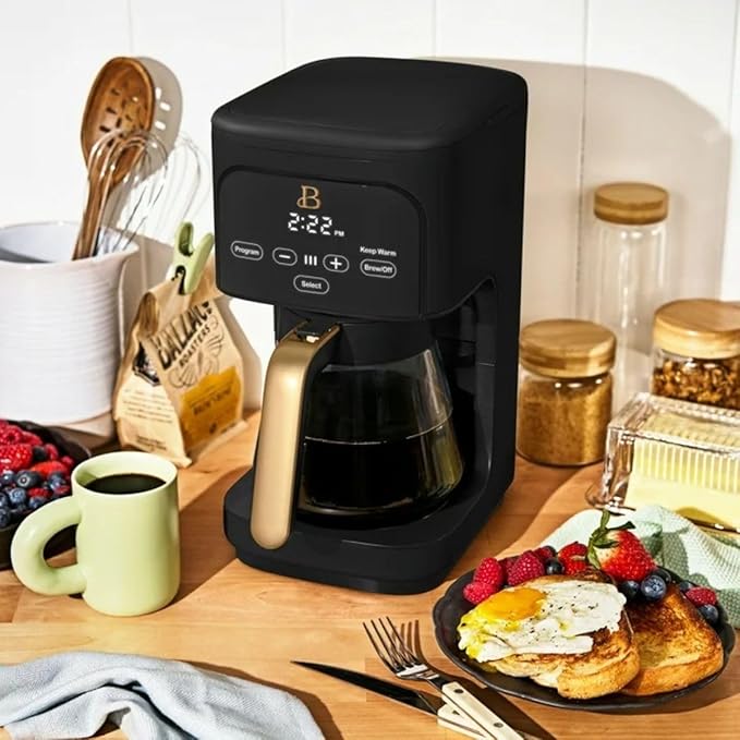 Beautiful 12-Cup Programmable Coffee Maker by Drew Barrymore, Touch-Activated Display, Auto Brew 24hr Timer, Regular/Gourmet/Bold Strength Options, Auto Clean & Keep Warm – Matte Finish (Black Sesame)
