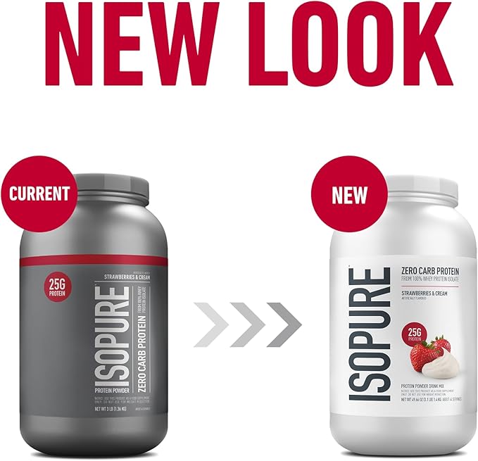 Isopure Zero Carb 100% Pure Whey Isolate Protein Powder, Lactose Free, Gluten Free, With Vitamins, Strawberries & Cream, 25g Protein Per Serving, 3 Lbs, 44 Servings (Packaging May Vary)