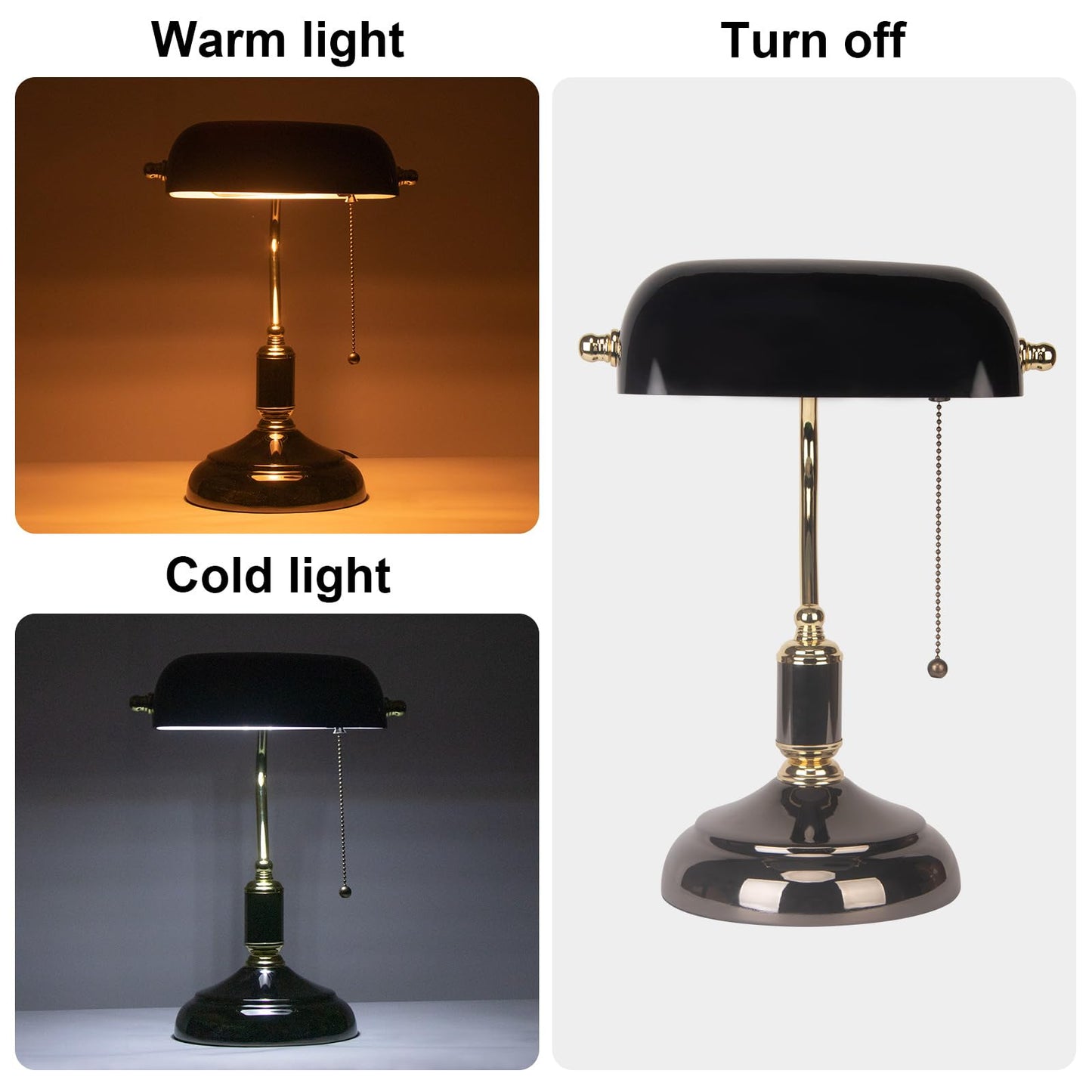 FIRVRE Bankers Desk Lamp, Black Glass Shade, Golden E26 Base, Model 006, Traditional Style for Office, Study Room