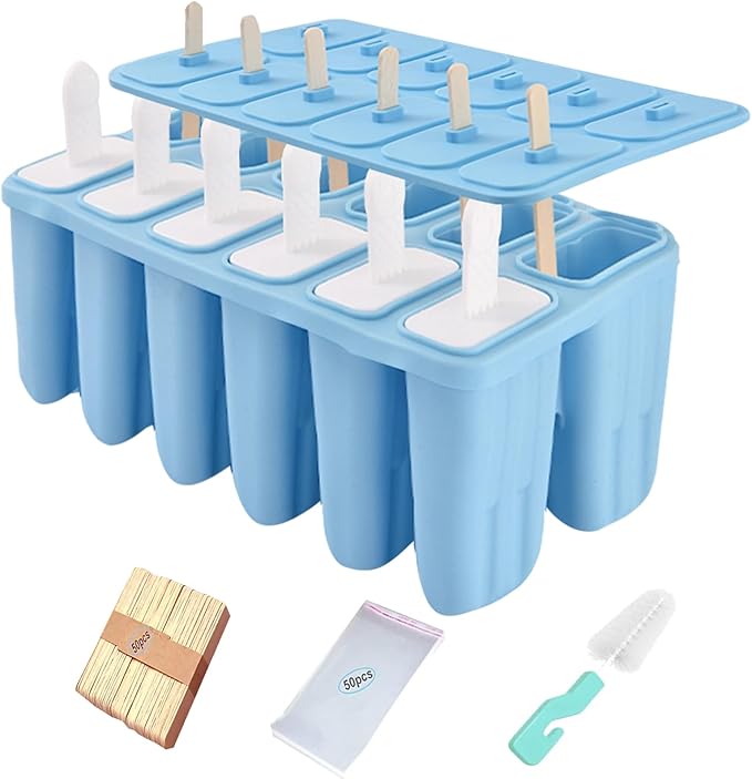 Silicone Popsicle Molds with Sticks Wpunwen 12 Cavity Ice Popsicle MoldsIce Cream Mold with Clean Brush 12 Reusable Sticks 50 Sticks 50 Bags Blue