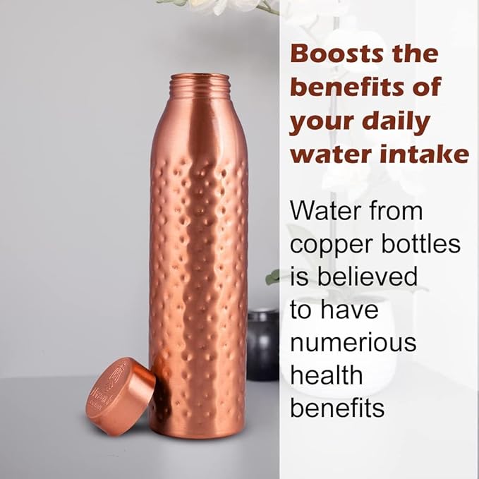 Copper Water Bottle 1Liter - Gift Box of 6, Plain 3, Hammered 3, an Ayurvedic vessel made from pure copper - helps you drink more water, with many health benefits