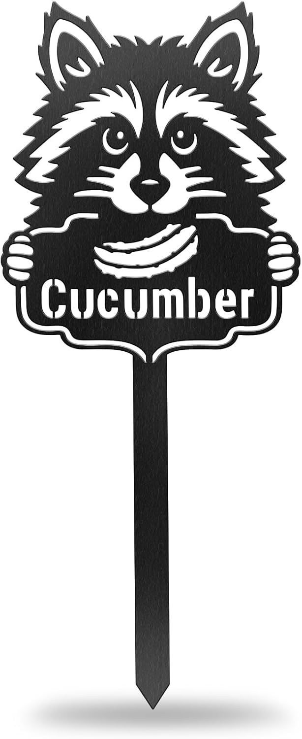 CUTHOLLOW Metal Plant Marker Stake Cucumber and Raccoon for Outdoor Indoor, Waterproof 11.8 inch Cute Garden Plant Labels Sign Tag for Vegetables, Farmhouse Greenhouse Decor - Funny Gardening Gifts