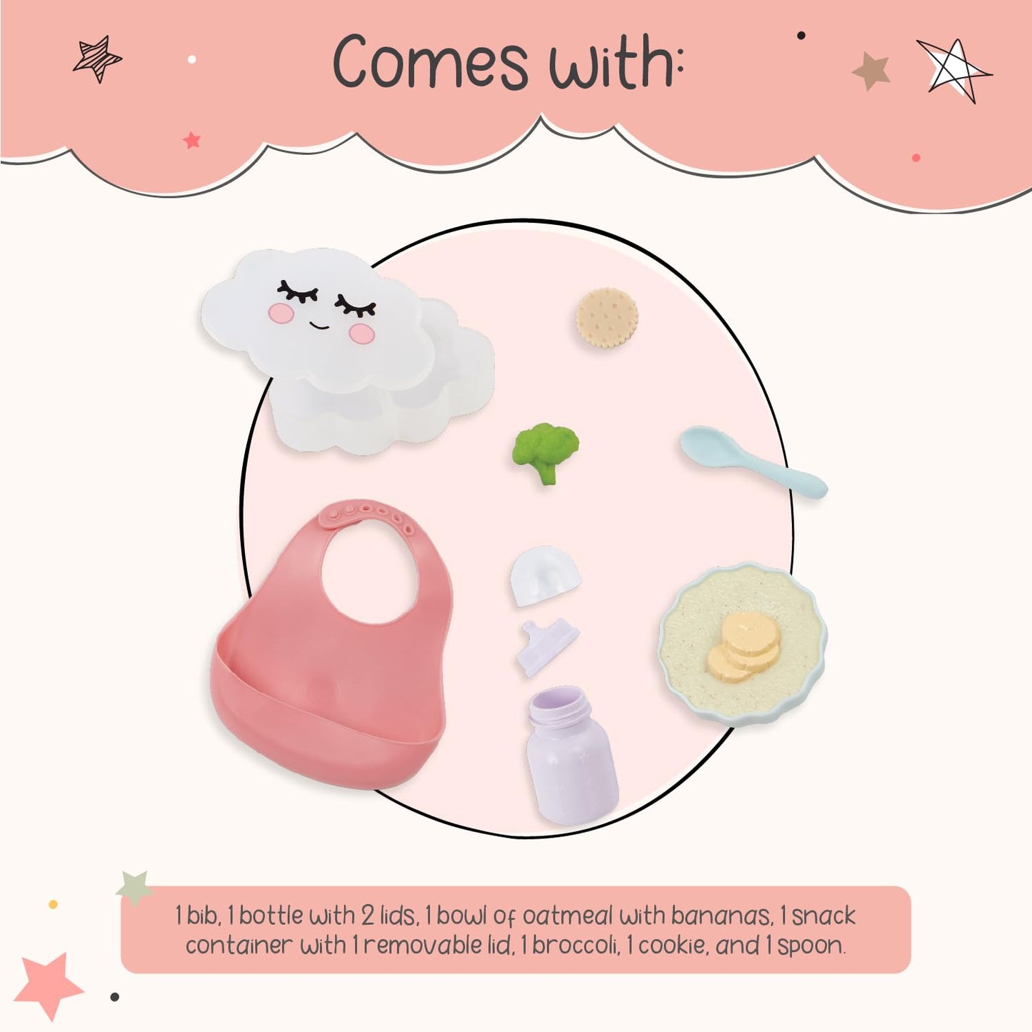 LullaBaby – Pretend Food Set – 10 Pieces Meal Time Accessories – Bib, Spoon & Cloud Food Container – 14-Inch Baby Doll Accessories – Pretend Play 2+ Years– Baby Doll Feeding Set