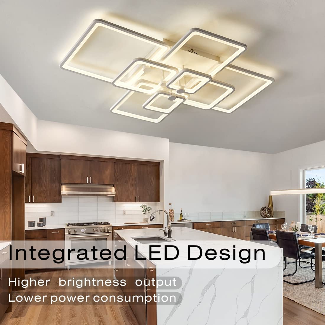 HiHiHomy Modern LED Ceiling Light Fixture, Dimmable 120W, 41.7in, 8 Lights, White, Model FK001