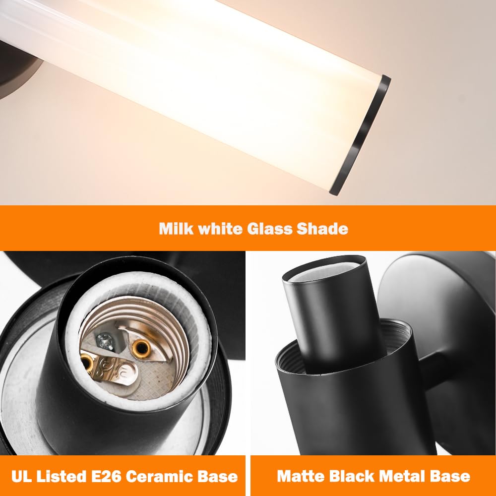 Black Wall Sconces Set Of 2  Modern Sconces Wall Lighting  Bathroom Vanity Lights With Opal White Glass Shade  Vanity Sconce Over Mirror  Wall Light Fixtures For Living Room Bedroom Hallway Stairs