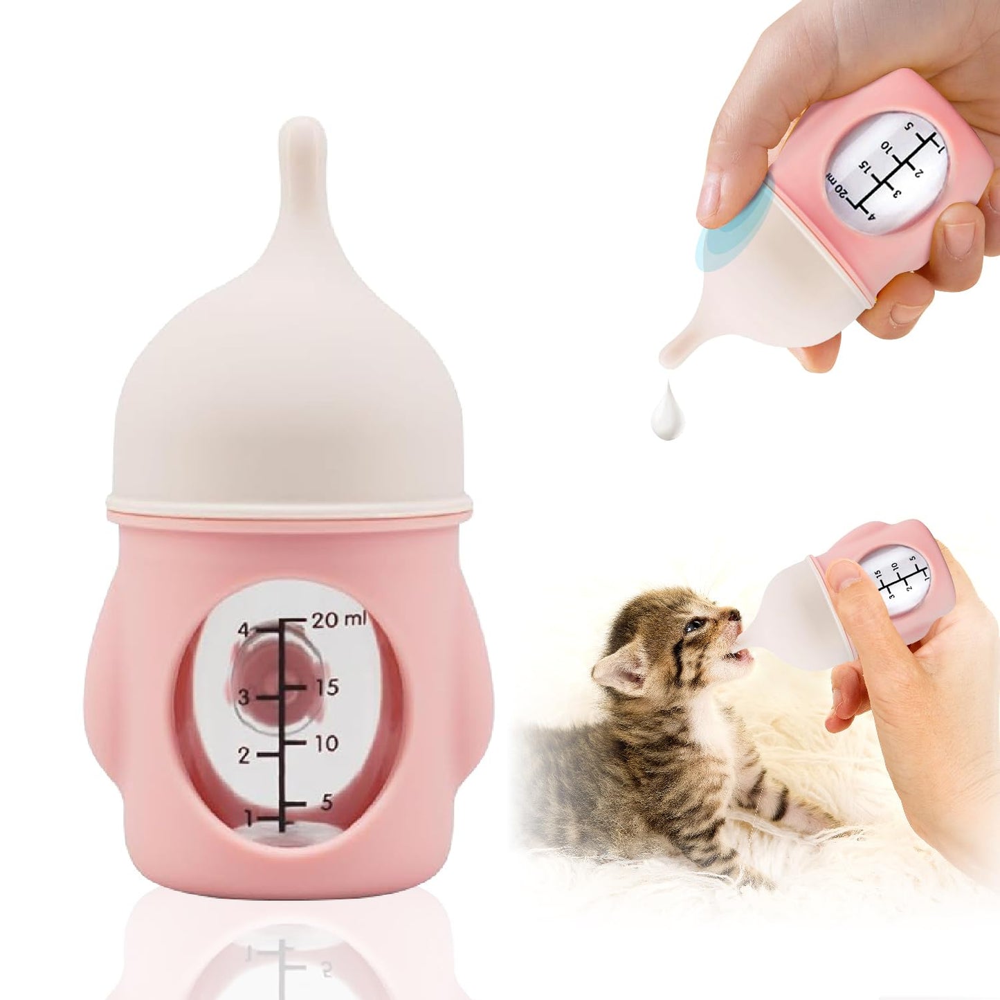 Rock Tech Ergonomic Pet Nursing Bottle,Puppy Bottles for Nursing Puppy Milk - 20ml Slow Flow Kitten Bottle Feeding kit for Newborn Kittens/Puppies/Small Animals, Easy-Clean Silicone Feeder (‌Pink‌)