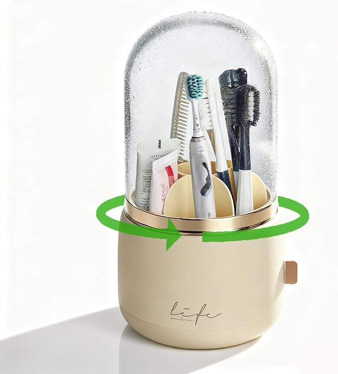 bubooo 360° Rotating Toothbrush Holder for Bathroom - Non-Slip Space-Saving 7-Slot with Cover & Drainage, Electric Toothbrushes/Toothpaste/Razor Organizer for Counter Vanity (beige)