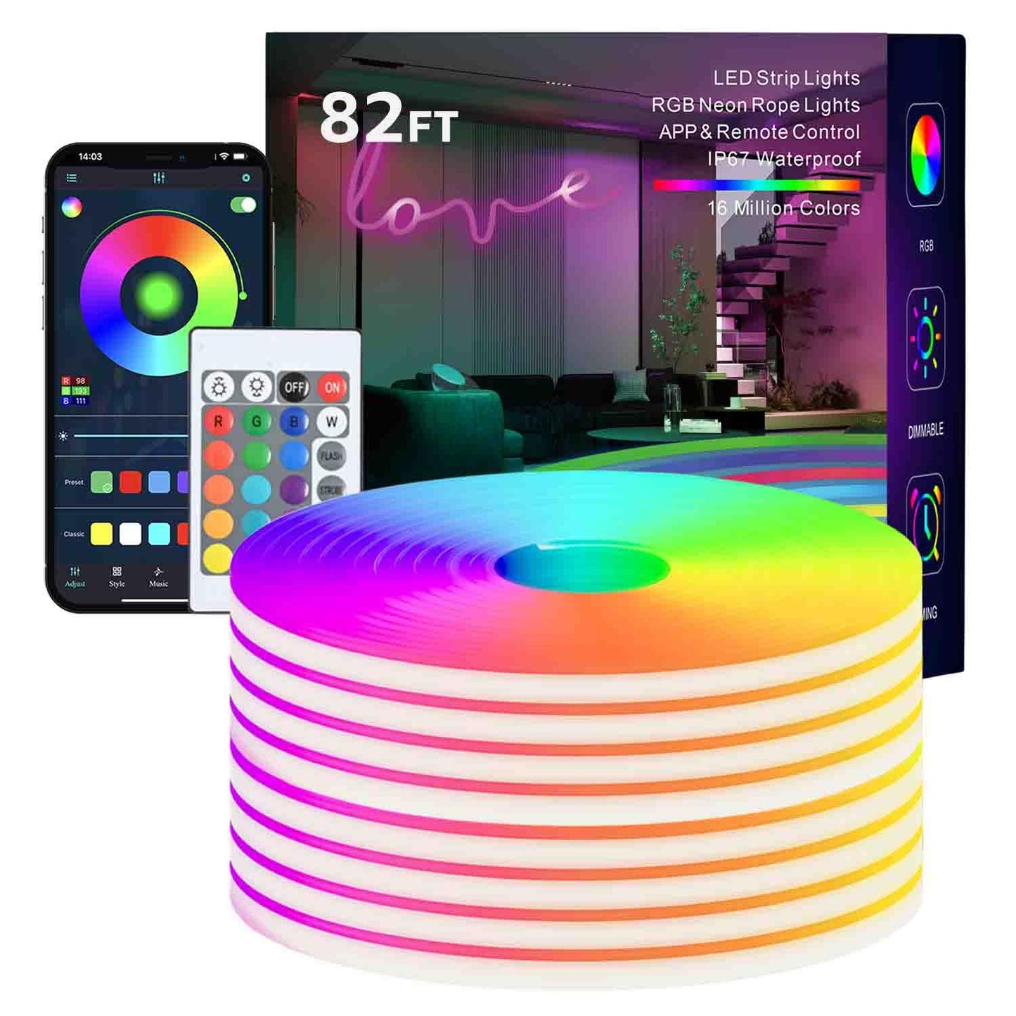 MFWW Neon Rope Lights, 82FT RGB LED Strip, IP67 Waterproof, Music Sync, Flexible, Multicolor, Model TongYan411NHRGB25M