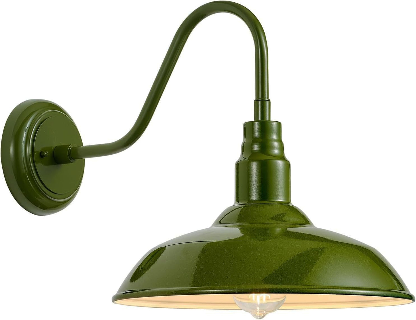 GOALPLUS Gooseneck Wall Light Fixture, 14in Dome, Olive Green, Metal, Model LM2202-AG, Outdoor Barn Style Sconce for Porch, Garage, House