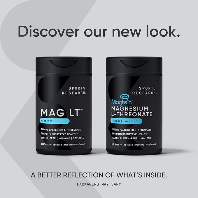 Sports Research Magtein Magnesium L-Threonate Capsules - Magnesium Supplement for Memory, Focus & Cognition - Magnesium L Threonate Supports Brain Health, Sleep & Mood- 2000mg, 180 Capsules for Adults