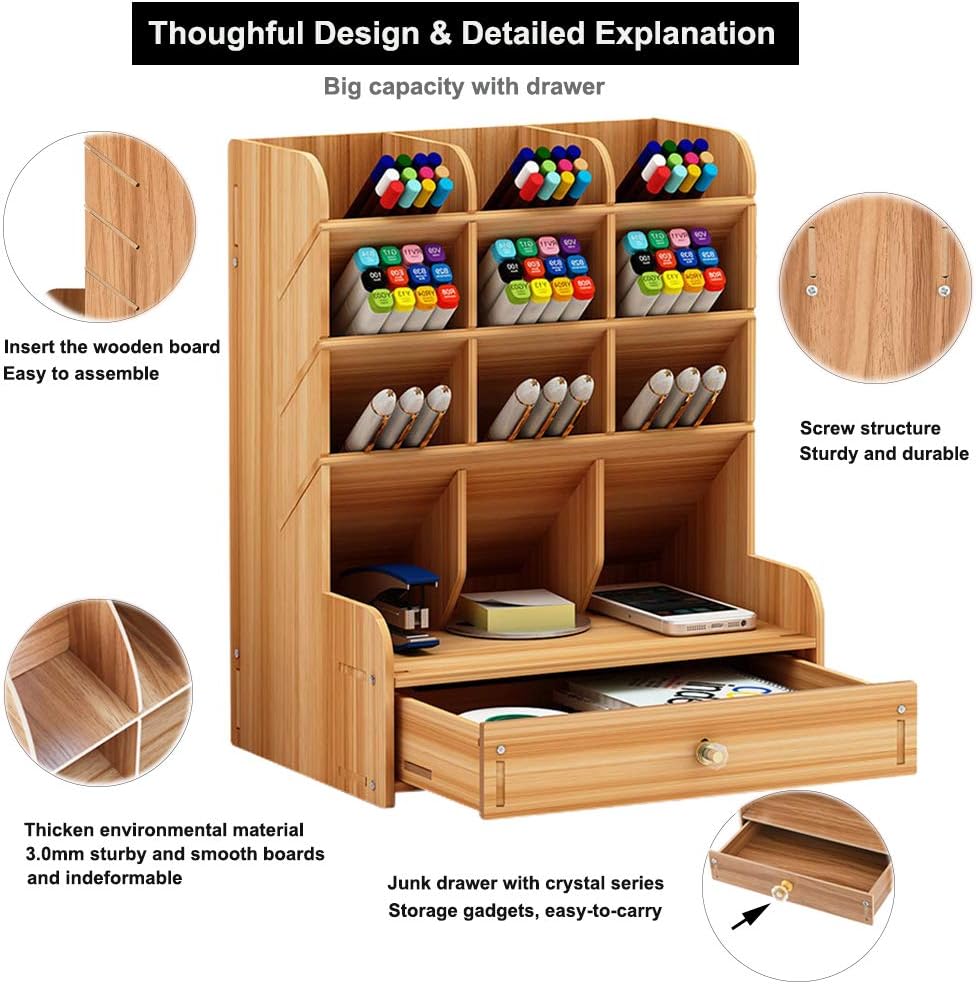 Marbrasse Wooden Desk Organizer, Multi-Functional DIY Pen Holder, Organizer for desk, Desktop Stationary, Easy Assembly, Home Office Art Supplies Storage with Drawer (B11-Cherry Color)
