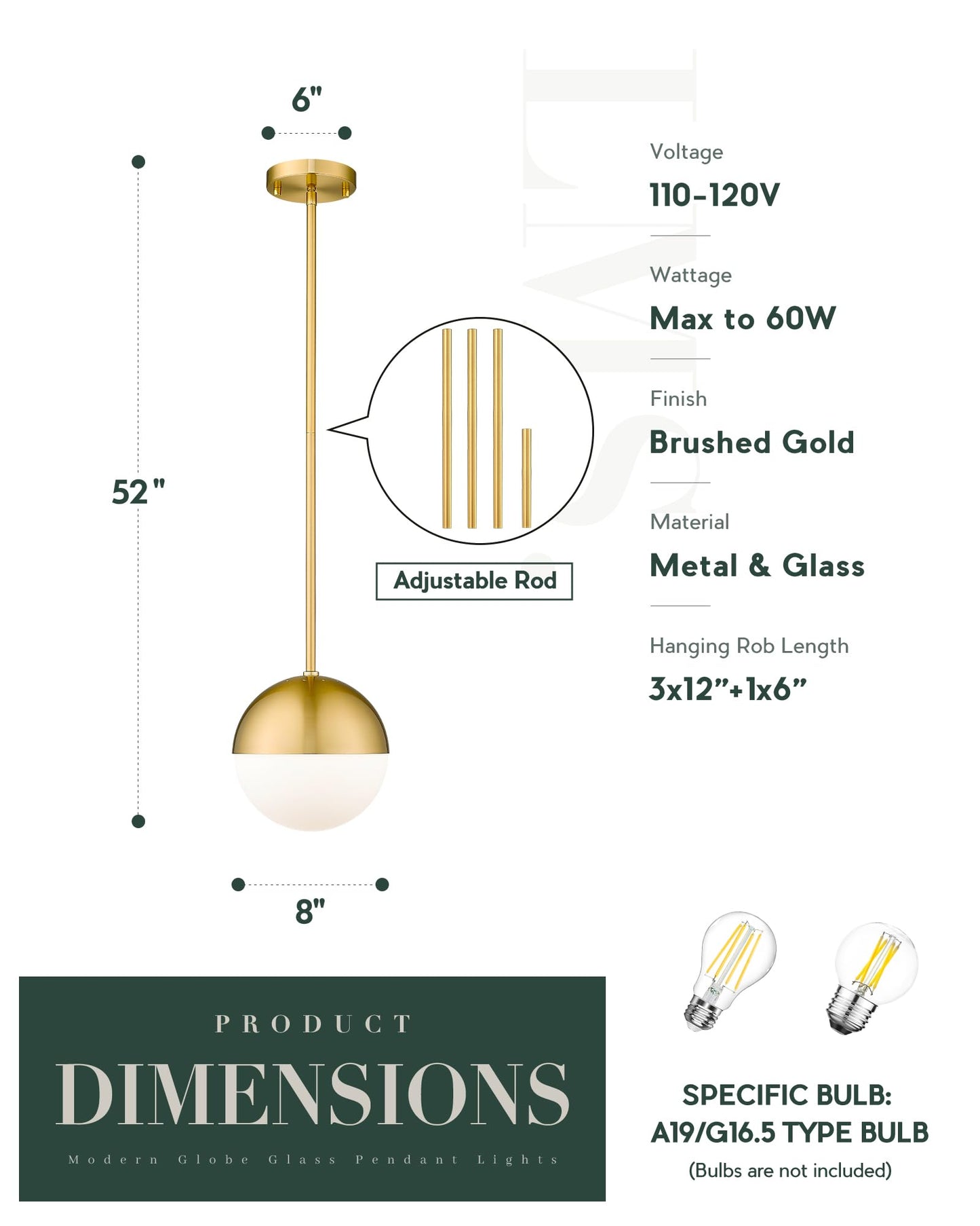 Lms 2-Pack Brushed Gold Pendant Lights  Modern Pendant Light With Milky Globe Glass Shade  Adjustable Hanging Lighting Rod For Kitchen Island Dining Room Bedroom  Lms-186Bg2Pk
