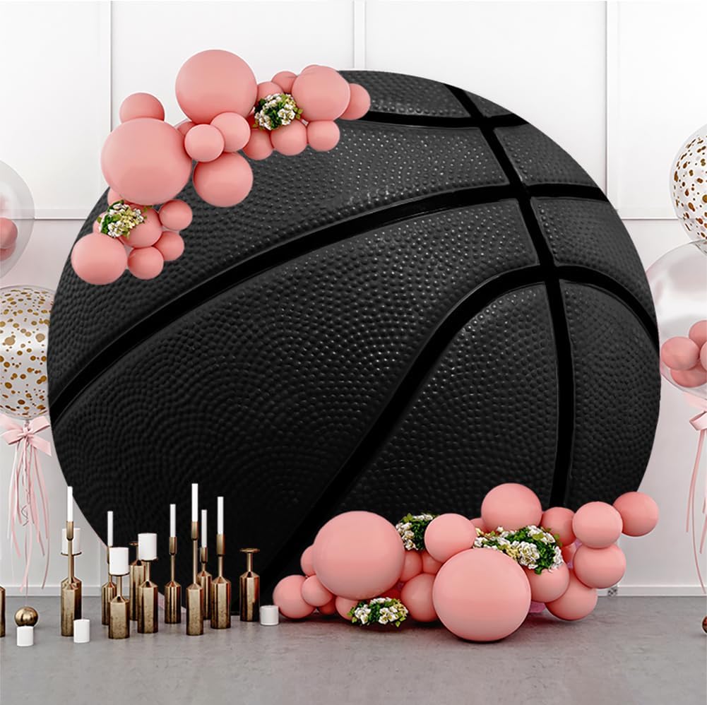Leyiyi 7.5x7.5ft Basketball Round Backdrop Cover Black Basketball Round Backdrop Basketball Match Sports Theme Circle Photography Background for Boys Baby Shower Newborn Gender Reveal Party Decor