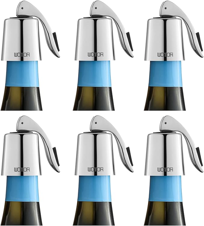 WOTOR Wine Stoppers Stainless Steel Wine Bottle stopper Plug with Silicone Reusable Wine Saver Leak proof Keep Fresh Silver 6 pack
