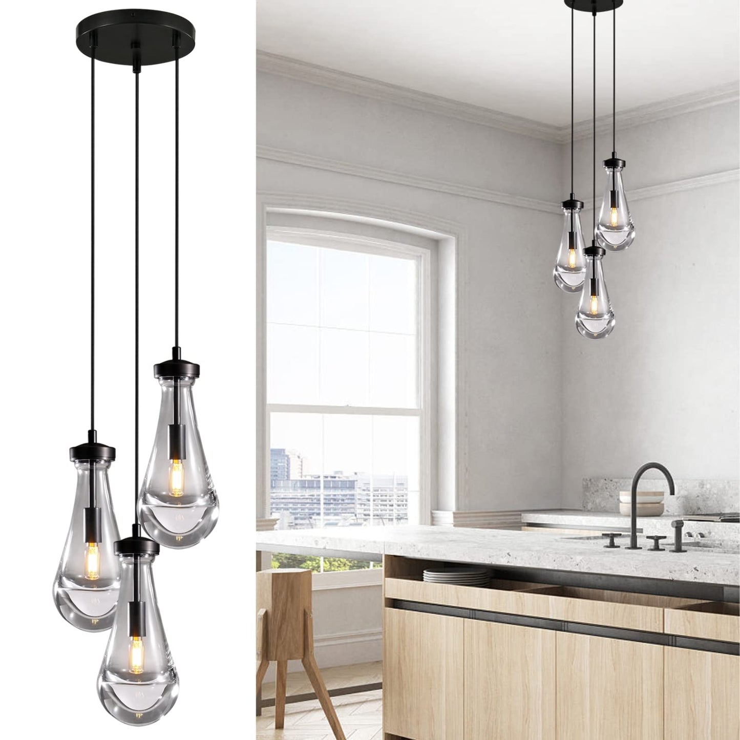 Joyunleo Bronze 3 Light Pendant Lighting, Raindrop Pendant Lights, Black Adjustable Hanging Rope Cluster Pendant Lighting Over K
