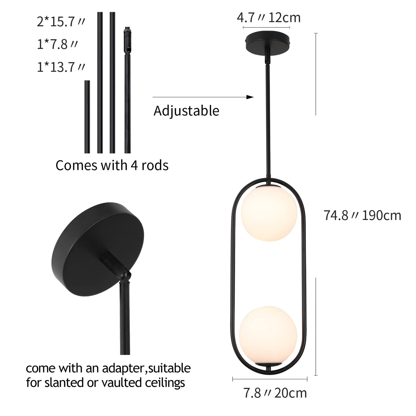 SeeU Modern Pendant Light Fixture, Black, Metal, 2 Lights, Vintage Style with White Globe Glass Lampshade for Kitchen Island/Dining Room