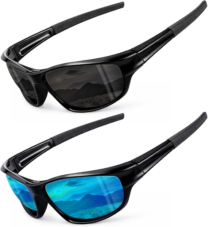 JATEBI 2 Pack Polarized Sports Sunglasses for Men Women, Wrap Around Sun Glasses UV400 Protection for Fishing Cycling Driv...