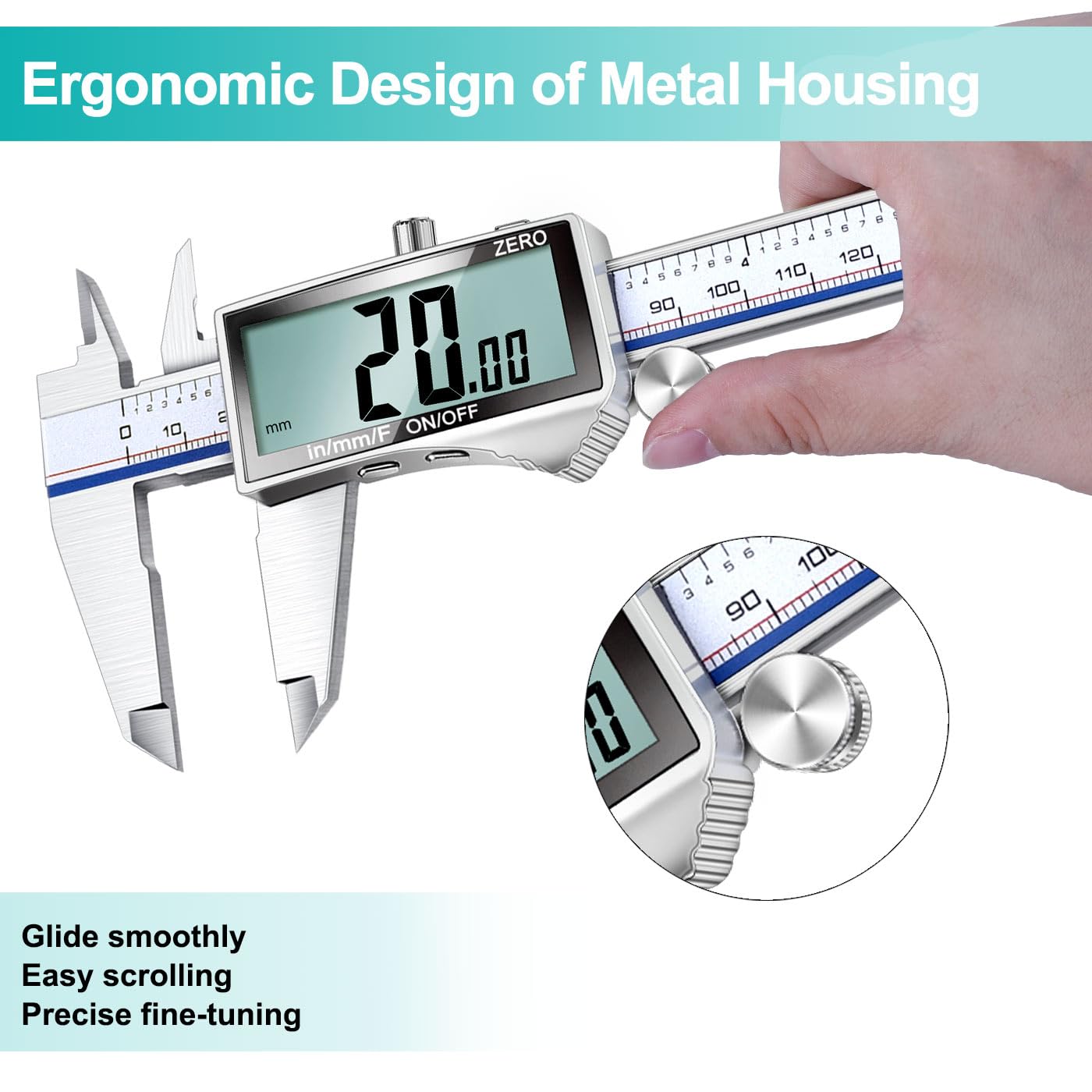 Kynup Digital Caliper Measuring Tool, Vernier Dial Caliper Digital Outside Micrometer, 6 Inch Caliper DIY Tool, Stainless Steel, Large Screen, Splash Proof, Inch Metric Fraction Switch
