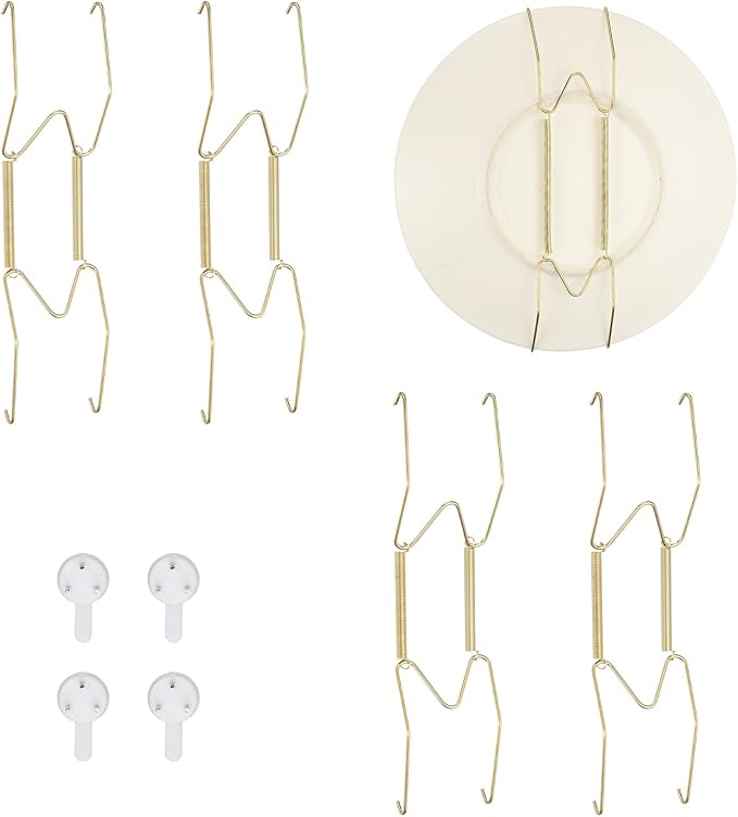 uxcell 4pcs Plate Hanger, 8 Inches Universal Stainless Steel Invisible Plate Hangers for The Wall W-Shaped Holder with Traceless Nail for Decorations, Golden