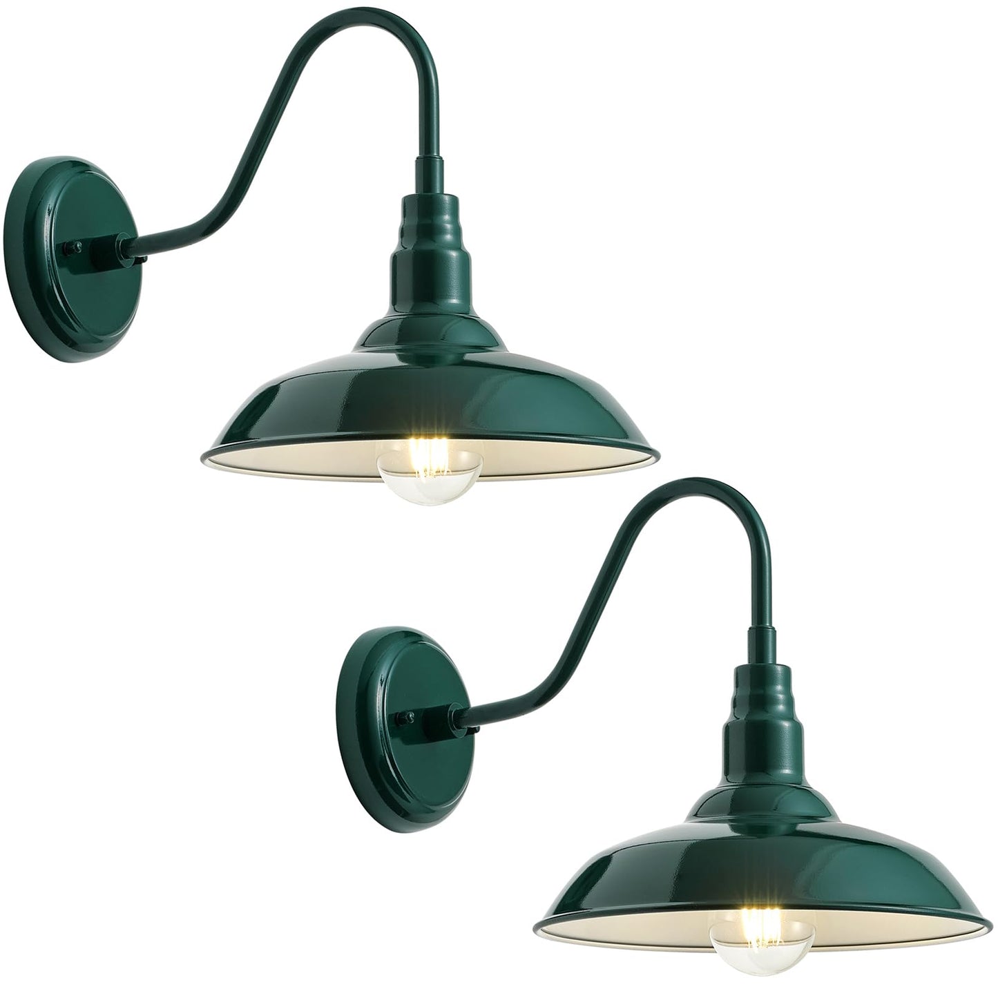 GOALPLUS Outdoor Gooseneck Barn Light Fixture, 10in Dome, Green Metal Wall Sconce for Porch, Patio, Garage, Model LM2201-GR-2P