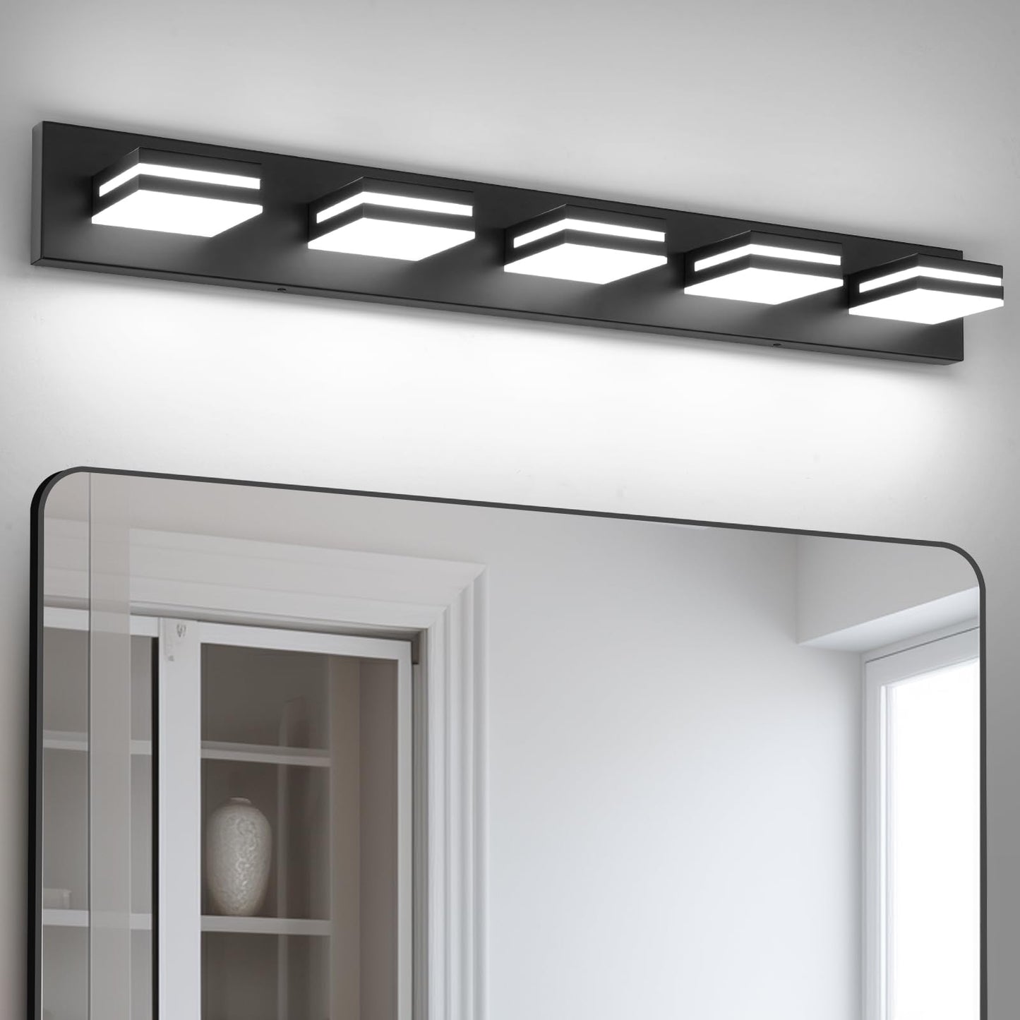 OKELI 5-Light Bathroom Vanity Light, Dimmable LED, 36.2 Inch, Matte Black, Aluminum, Model OK-9553-5T-BK, Adjustable Lamp Head