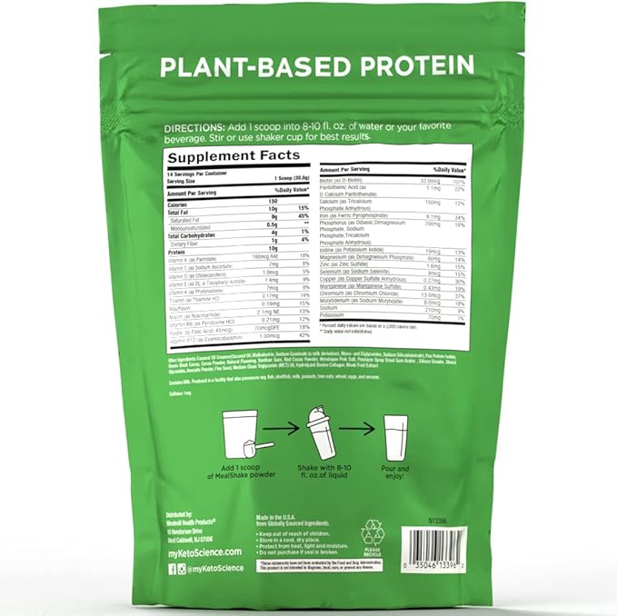 Keto Science Plant Based Protein, Keto Meal Shake, Rich in Vitamins & Minerals, Complete Meal Replacement, Pea Protein for Women & Men, Chocolate Cream, 14 Servings