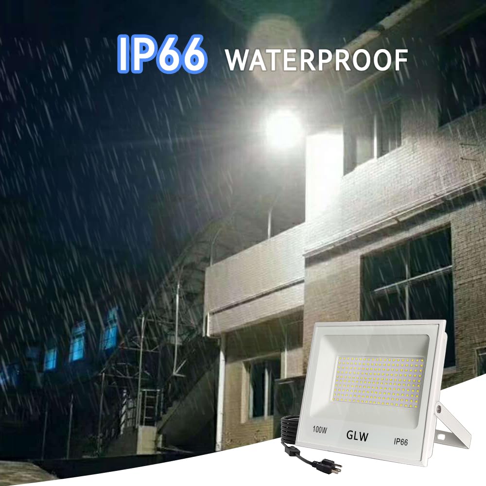 GLW 100W LED Flood Lights - 3 Pack, 10000LM, IP66 Waterproof, 6000K Daylight for Outdoor Use, Metal Construction