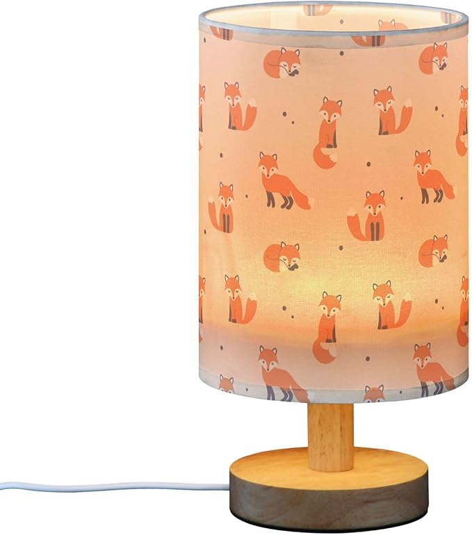 Table Lamp Cute Cartoon Fox with Dot Pattern on Beige Nightstand Lamp with Wood Base Fabric Lamp Shade Bedside Desk Lamp for Living Room Bedroom Kids Room Office