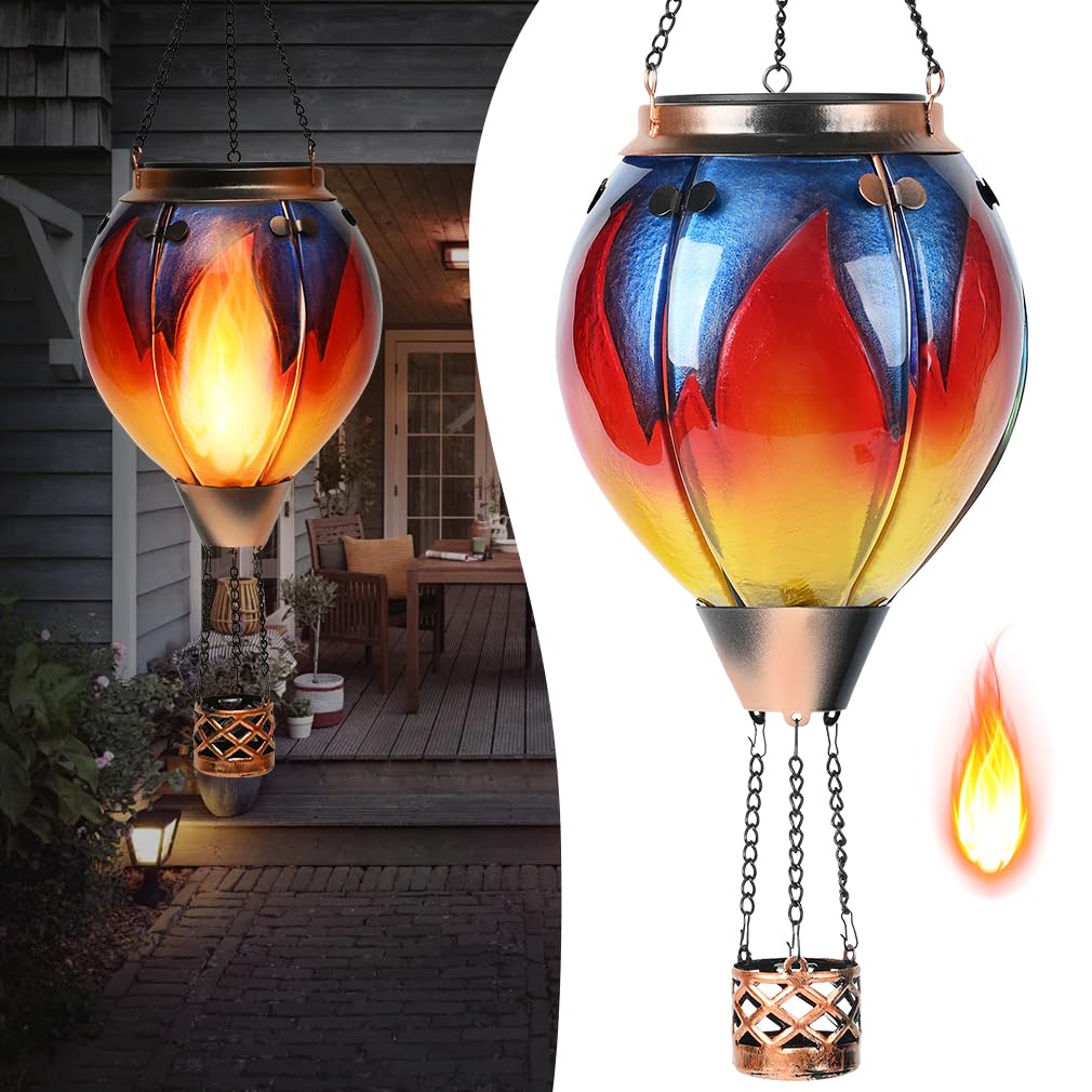 Hot Air Balloon Solar Lantern - Simulated Flickering & Dancing Flame Glass Lantern   Outdoor Hanging Yard Light Waterproof Ip65 For Garden Patio Lawn Porch Decor Gift