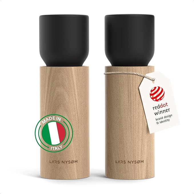 LARS NYSØM Wooden Salt and Pepper Grinder Set Manual - Salt and Pepper Mills with Adjustable Ceramic Grinder - Elegant Beechwood Pepper and Salt Mill Set for Dining Table (Carbon Black)
