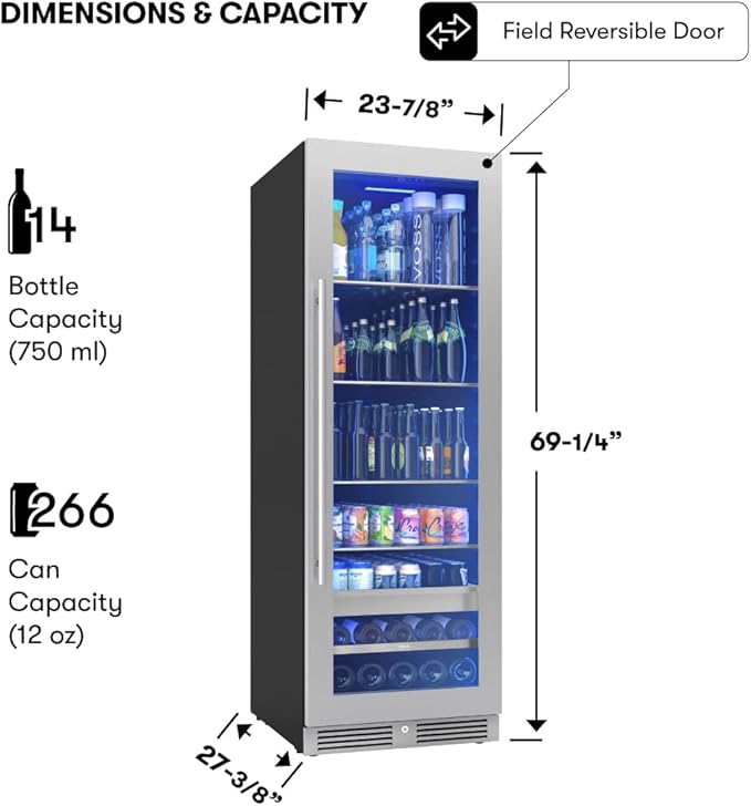 Zephyr 24 Inch Wine Fridge & Beverage Refrigerator Single Zone Full Size - Tall Wine Cooler Cellars Large Bar Drink Cabinet Freestanding with Glass Door - 266x12oz cans & 14x750 ml bottles