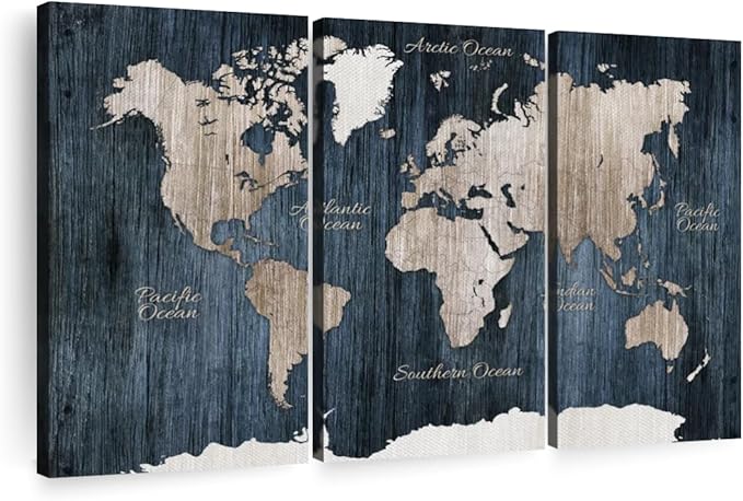 ElephantStock Aged Blue World Map I Canvas - 3 Panel Wall Decor - World Map Digital Art - Blue Wall Art - 74" X 48"