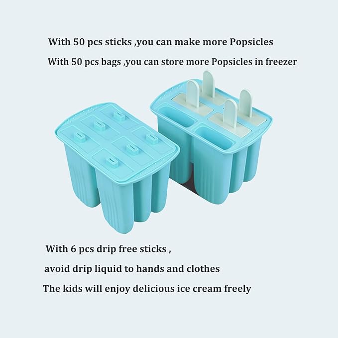 Silicone Popsicle Molds with Sticks Wpunwen 6 Cavity Ice Popsicle MoldsIce Cream Mold with Clean Brush 6 Reusable Sticks 50 Sticks 50 Bags Blue