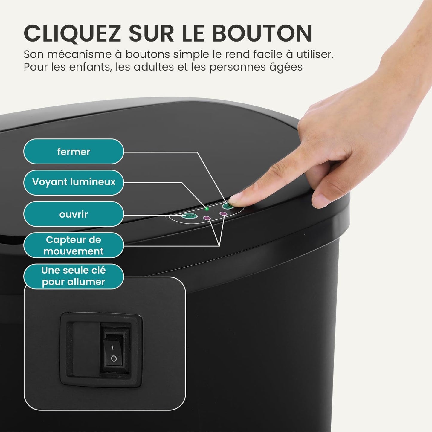 | 13 Gallon Trash Can with Lid | Automatic Touchless Garbage Can | Odor Control | Modern Oval Design | Easy to Clean | Plastic | Black | Fits Any Kitchen, Bathroom, Office or Home