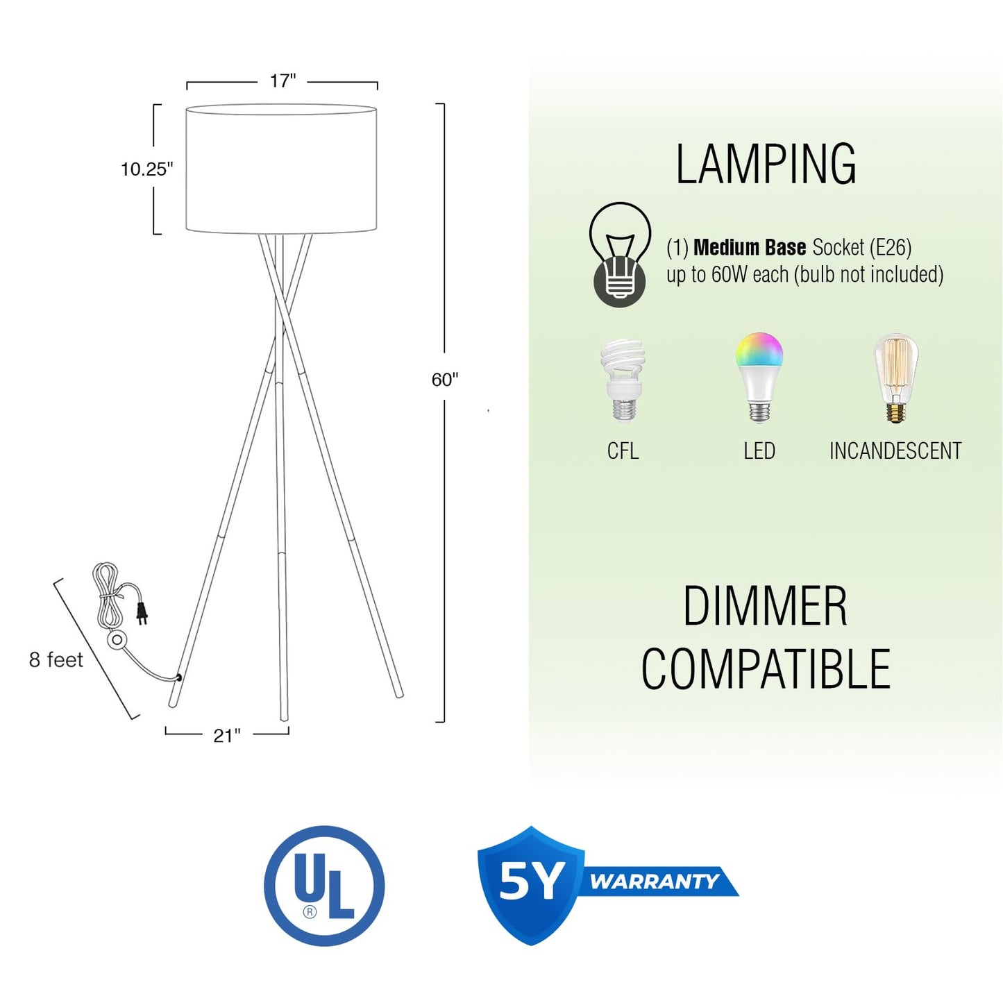 Kira Home Sadie 60 Mid Century Modern Tripod Led Floor Lamp, Brushed Nickel Finish, Gray Shade, Model Rv-F5017-Bn-Gr, Eco-Friendly Bulb Included