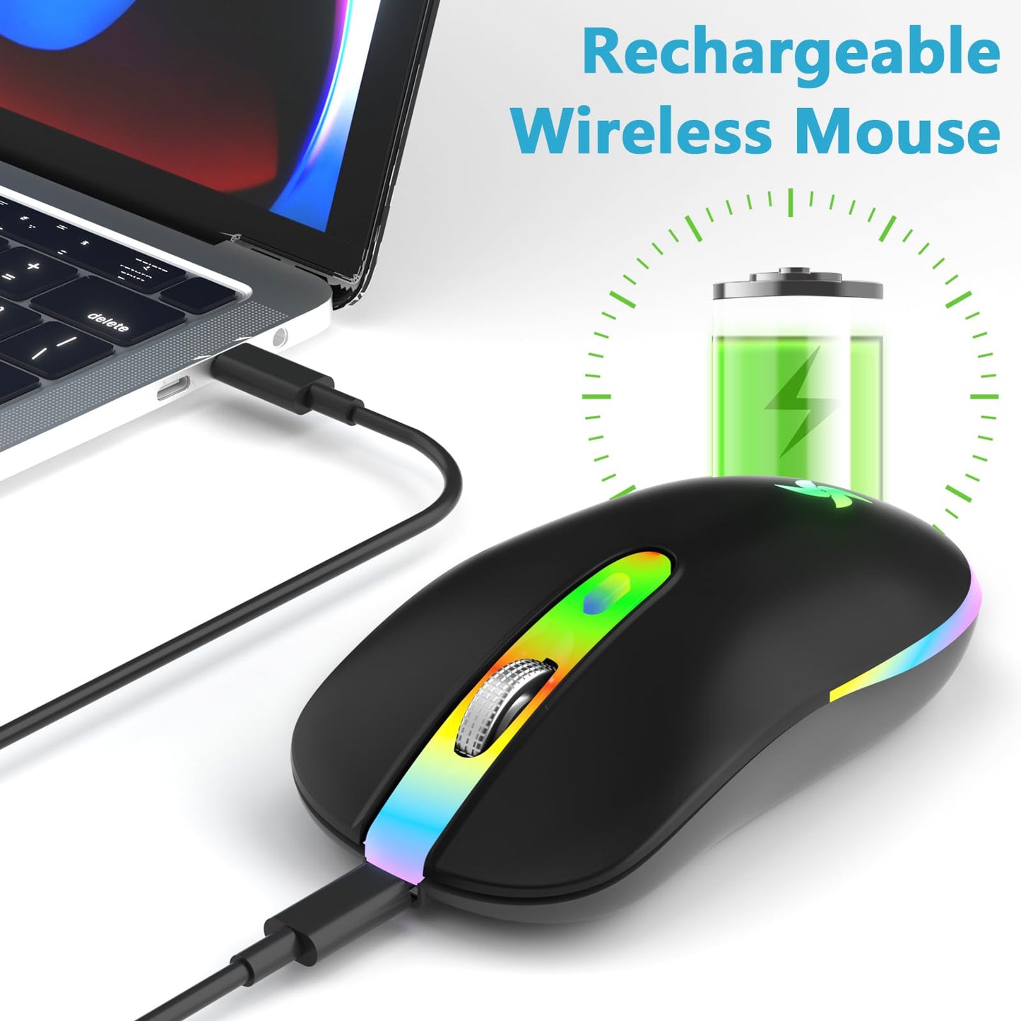 HZD LED Wireless Mouse, Slim Silent Rechargeable Mouse, 2.4G Portable USB Optical Mouse with Type C Adapter, 3 Adjustable DPI Levels 1600/1200/800 for Laptop/Tablet/Computer