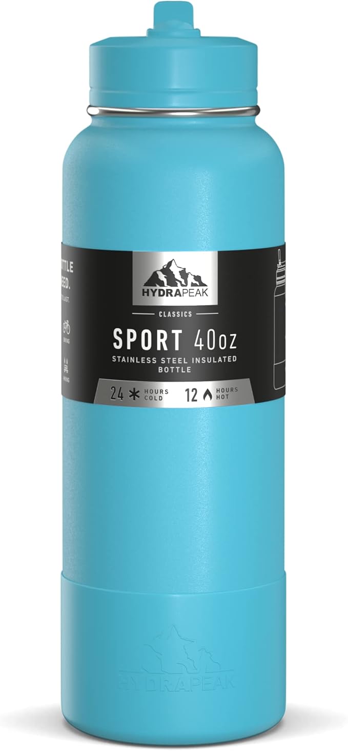 Hydrapeak 40oz Sport Insulated Water Bottle with Straw or Chug Lid, Leak & Spill Proof, Keeps Drinks Cold for 24 Hours, Hot for 12 Hours, Premium Stainless Steel Water Bottles (40oz, Belize)