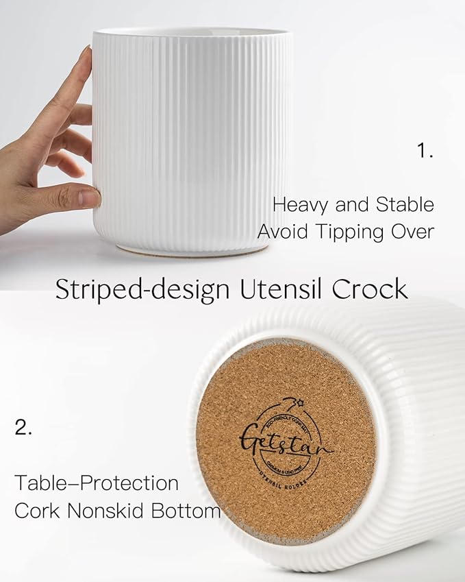 getstar Large Kitchen Utensil Holder for Kitchen Counter (H7.2” x W6.2”), Ceramic Cooking Utensil Holder with Cork Mat (White, Small(5.6"))